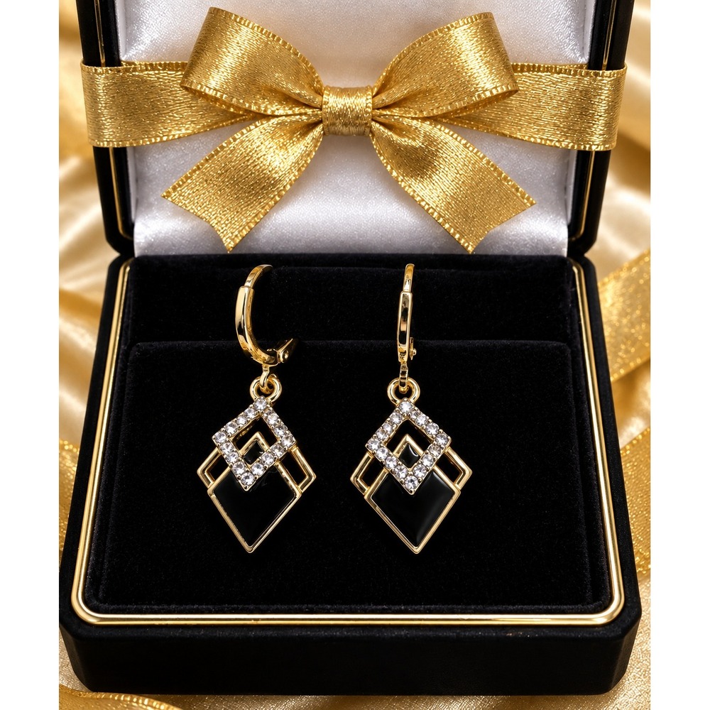 Gold Tone Black Enamel Crystal Geometric Diamond Drop Huggie Leverback Earrings